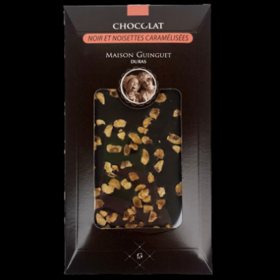 Chocolat noir et noisettes caramélisées 85gr maison Guinguet